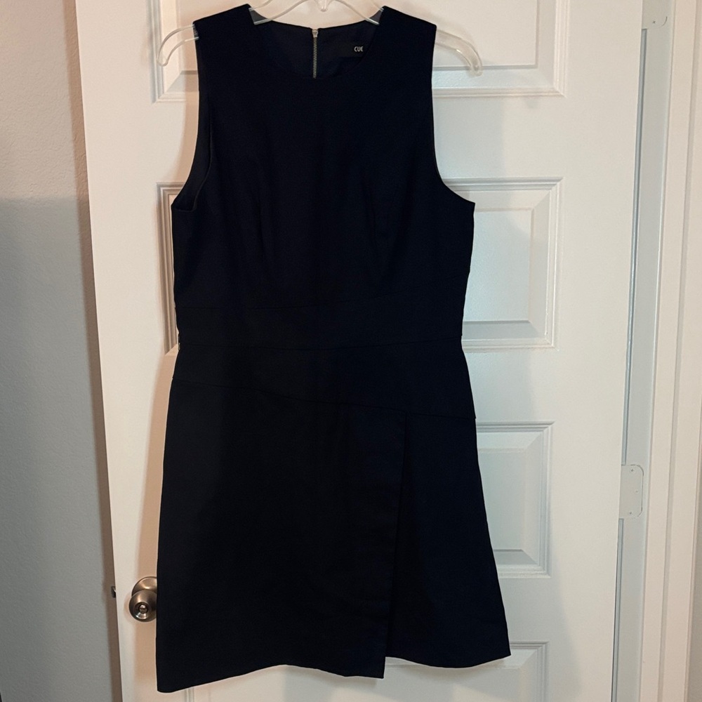 Cue Navy Mini shift Dress SZ 10 cotton stretch belt loop minimalist career wear